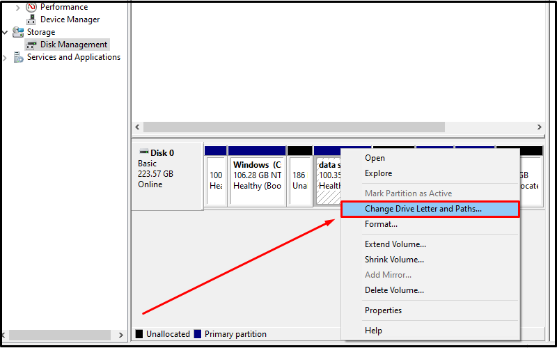 Bấm chuột phải ổ đĩa bị ẩn và chọn Change Drive Letter and Paths