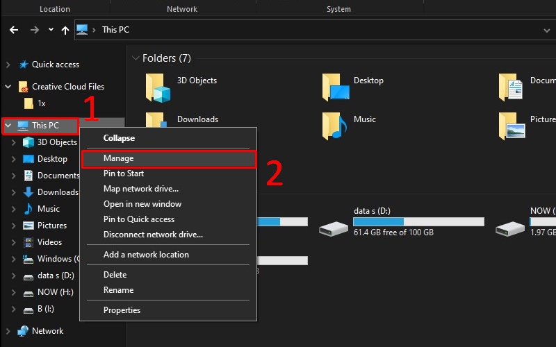 Nhấn chuột phải mục This PC và chọn Manage