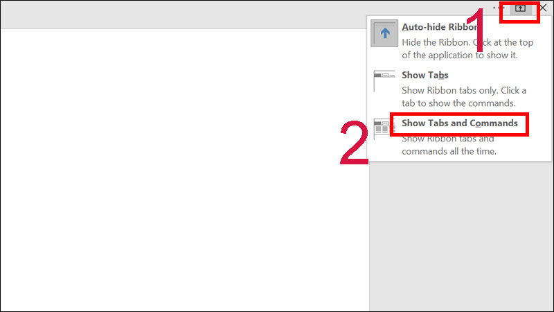 Mở Show tabs and Commands trong thanh Ribbon