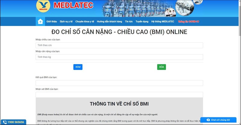 Trang tính chỉ số BMI của MEDLATEC