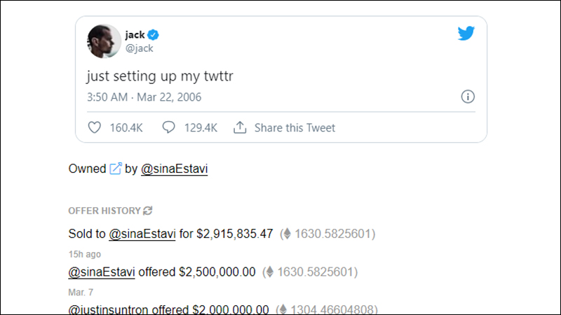 Dòng tweet đầu tiên trị giá 2,9 triệu USD Dòng tweet đầu tiên trị giá 2,9 triệu USD