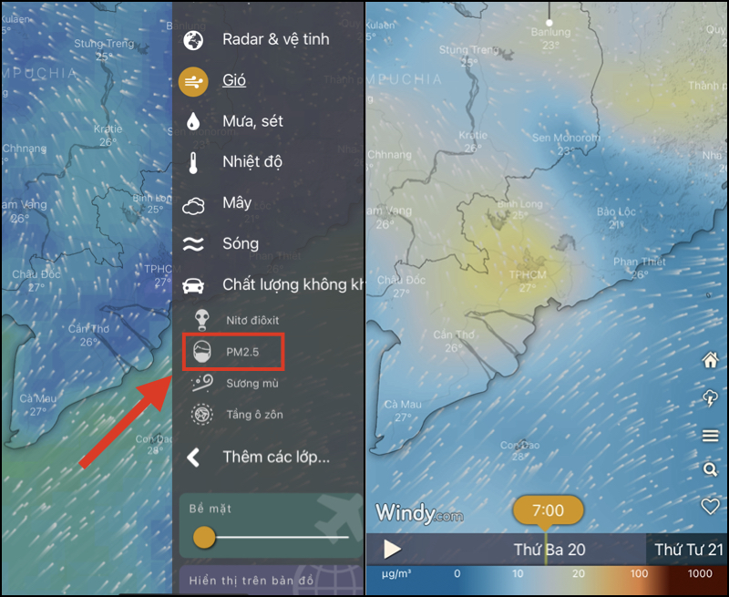 Bạn c&oacute; thể theo d&otilde;i chất lượng kh&ocirc;ng kh&iacute; th&ocirc;ng qua ứng dụng Windy