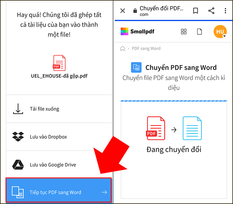 Chọn Tiếp tục PDF sang word để chuyển đổi