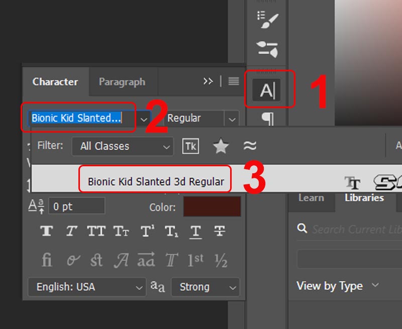 Ví dụ tìm font chữ BIONIC KID SLANTED 3D trong Photoshop sau khi cài đặt