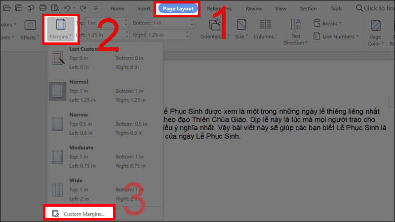 Chọn Page Layout - Margins - Custom Margins