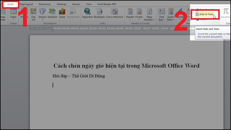 V&agrave;o Insert v&agrave; chọn Date and Time