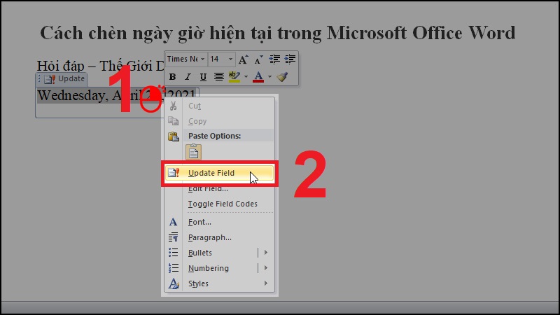 C&aacute;ch cập nhật thời gian ng&agrave;y th&aacute;ng trong Word