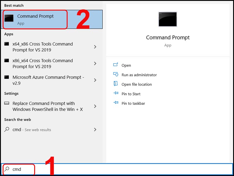 Mở Command Prompt bằng công cụ tìm kiếm