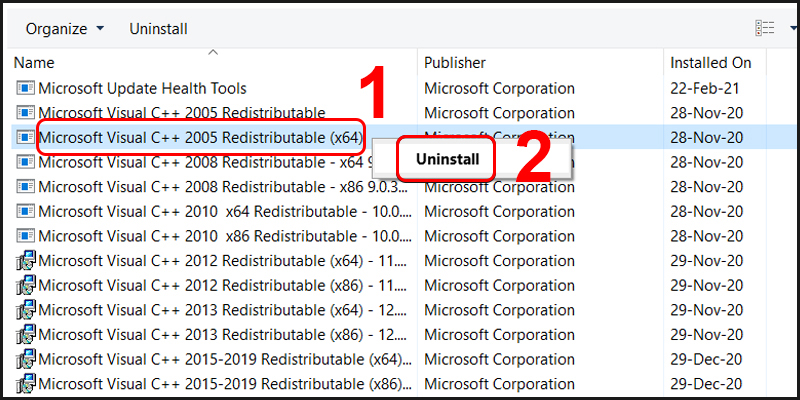 Gỡ các file Microsoft C++ Redistributable