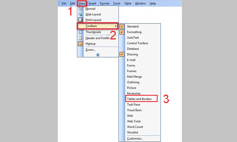 Cần kích hoạt chế đoọ tô màu trong Word 2003