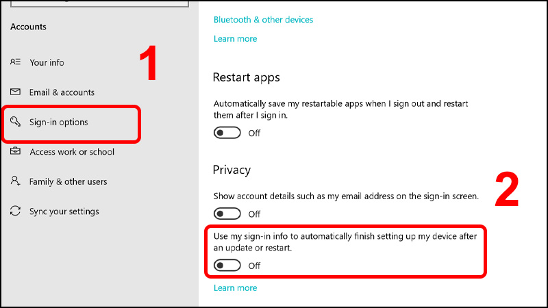 Trong tab Sign-in Options cuộn xuống  gạt mục Use my sign-in info sang Off