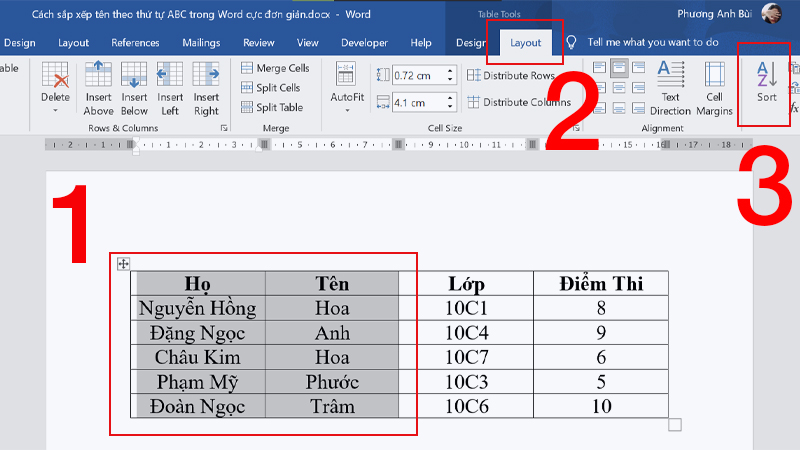 Bôi đen cả cột Họ và Tên > Nhấn tab Layout > Chọn Sort