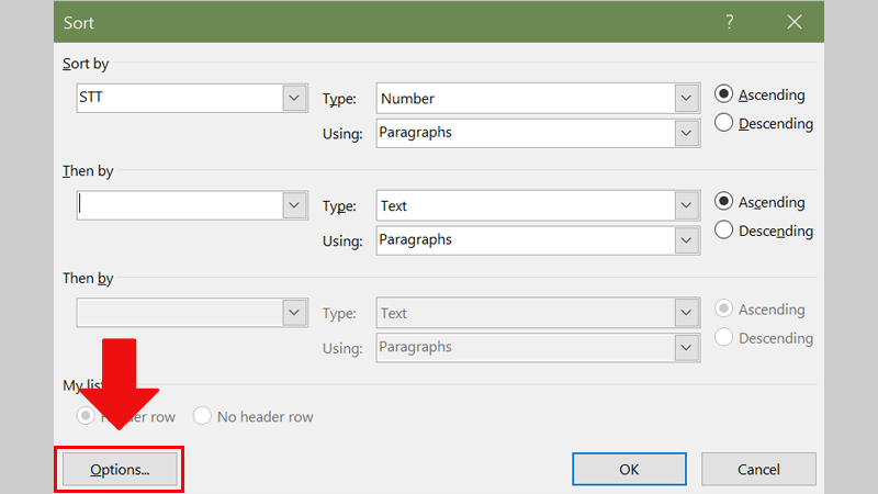 Bôi đen cột STT > Nhấn tab Layout > Chọn Sort” class=”lazy” src=”http://cdn.tgdd.vn/hoi-dap/1347360/cach-sap-xep-ten-theo-thu-tu-abc-trong-word-cuc-don-gian-8-800×450.jpg”/></p>
<p>Bôi đen cột STT > Nhấn tab Layout > Chọn Sort</p>
<p><strong>Bước 2</strong>: Chọn <strong>Option</strong>.</p>
<p><img alt=