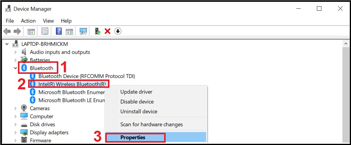 Mở Properties của Bluetooth