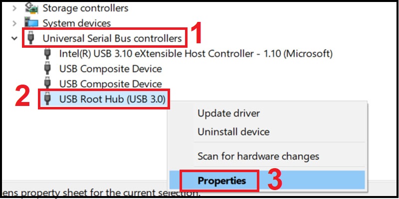 Mở Properties của USB Root Hub