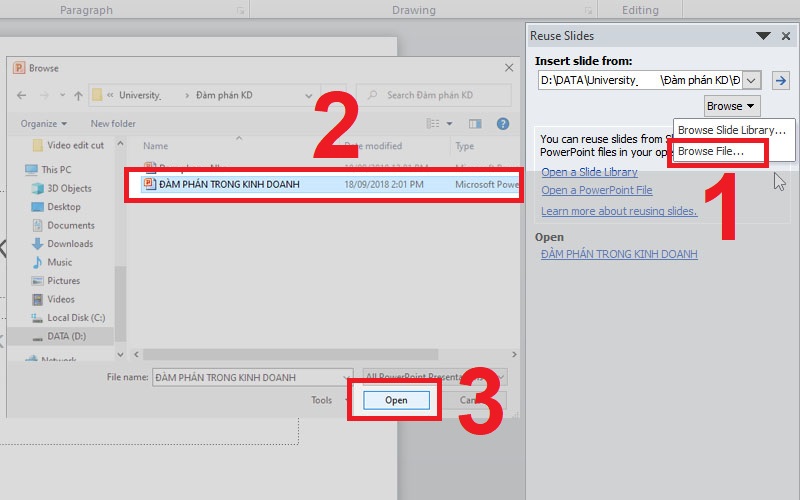 Chọn mở file PowerPoint muốn gộp
