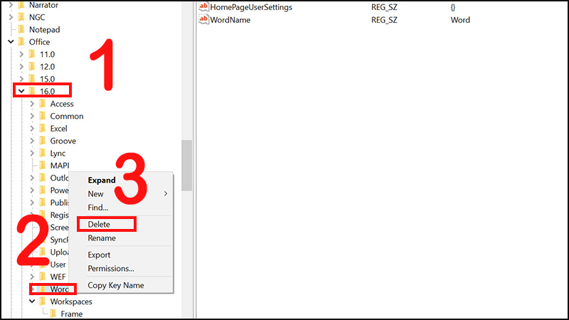 Chọn Word, nhấn chuột phải và chọn Delete