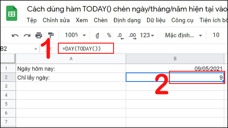 H&agrave;m TODAY() kết hợp với h&agrave;m DAY()