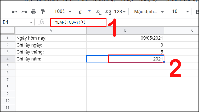 H&agrave;m TODAY() kết hợp với h&agrave;m YEAR()