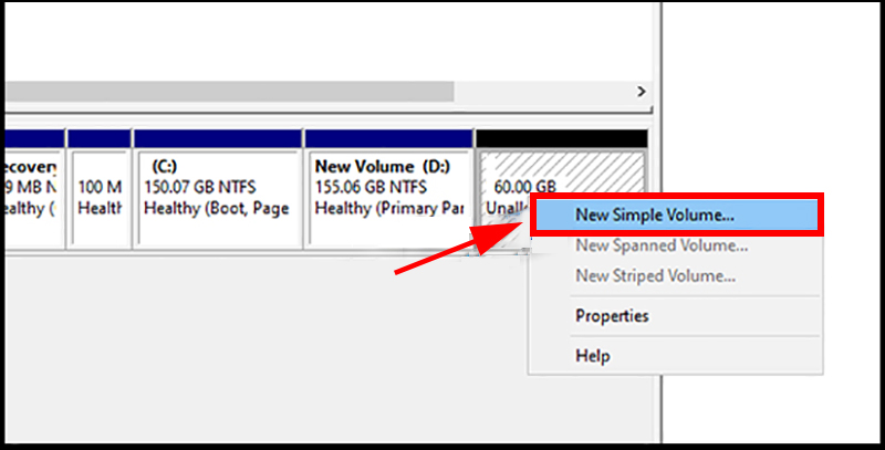 Click chuột phải vào phân vùng vừa cắt, sau đó chọn New Simple Volume