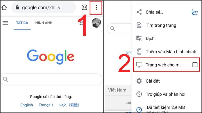 Vào một trang web bất kỳ, chọn biểu tượng ba chấm và chọn chế độ xem máy tính