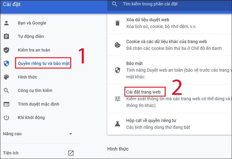Chọn C&agrave;i đặt trang web