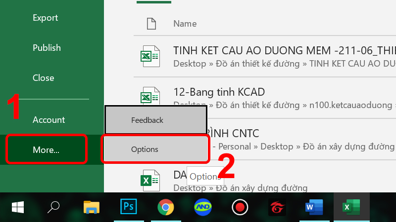 Nhấn vào More và chọn Options