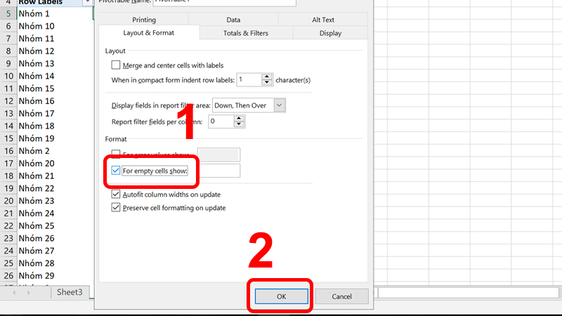 Tích chọn ô For empty cells show và nhấn OK để lưu