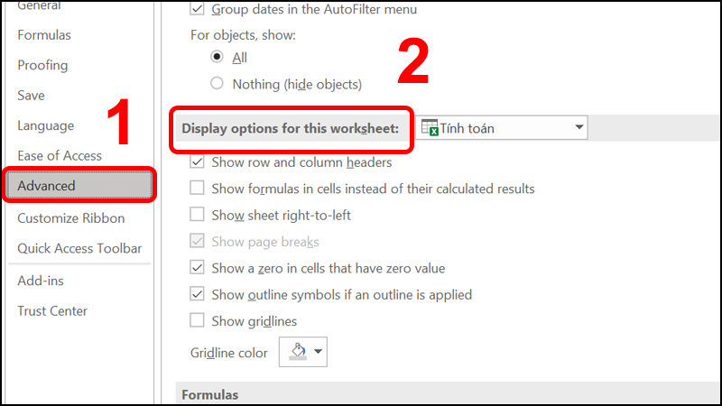 Trong tab Advanced bạn cuộn xuống mục Display options for this worksheet