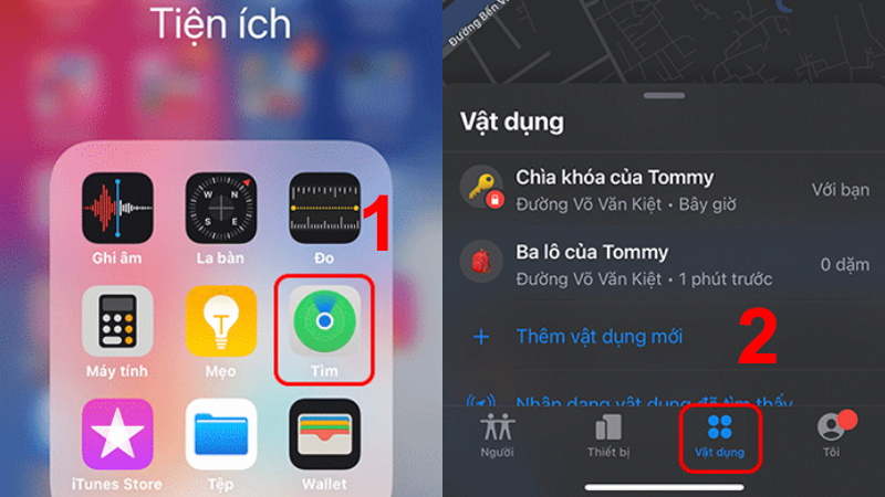 V&agrave;o ứng dụng T&igrave;m v&agrave; chuyển sang tab Vật dụng