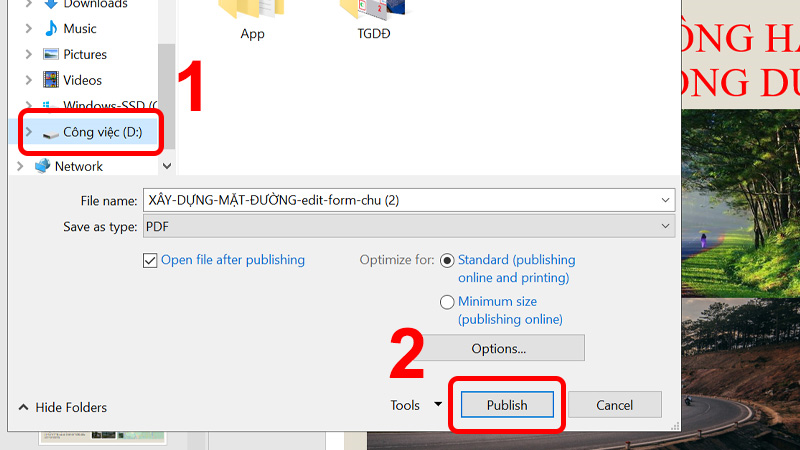 Chọn nơi lưu và thiết lập các tùy chọn và nhấn Publish