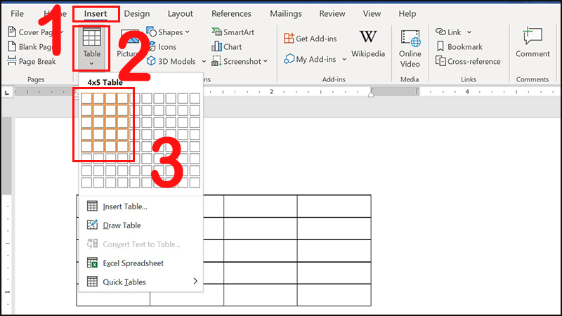 Vào tab Insert, chọn Table, chọn số ô và cột phù hợp và nhấn chuột trái