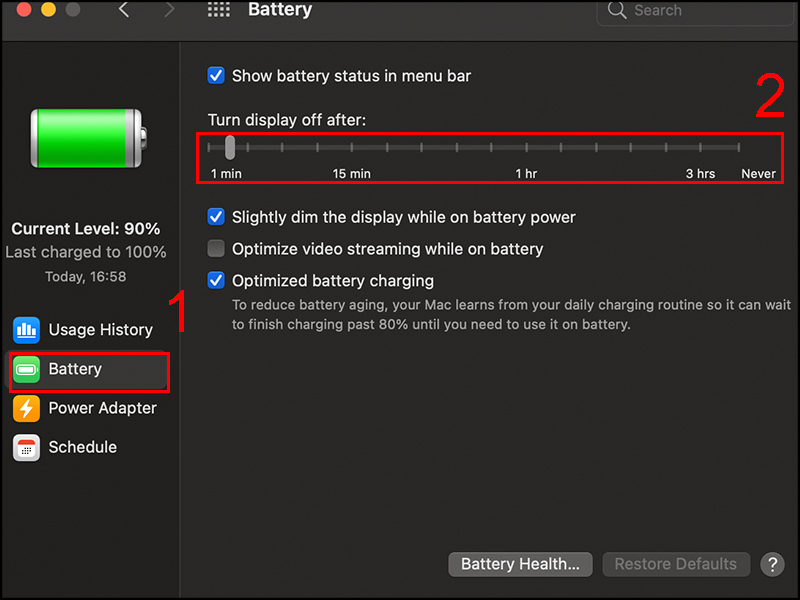 Tùy chọn thời gian không hoạt động để tắt màn hình
