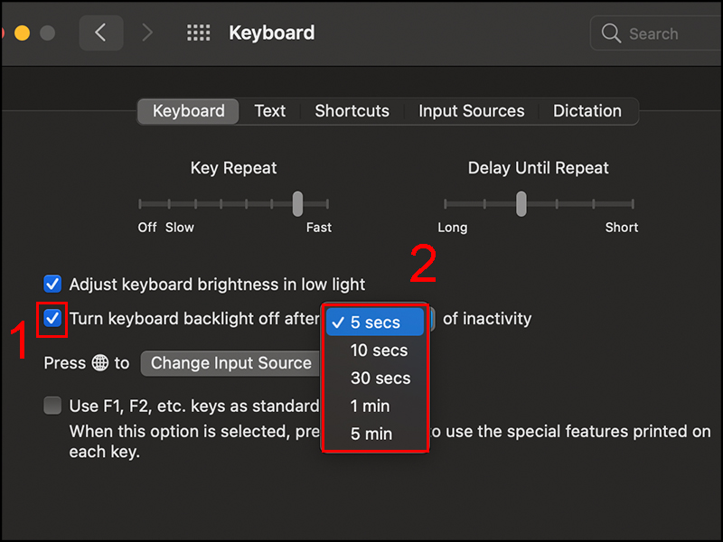 Tùy chọn thời gian không hoạt động để tắt bàn phím