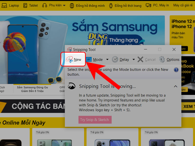 Chọn New để bắt đầu chụp màn hình laptop