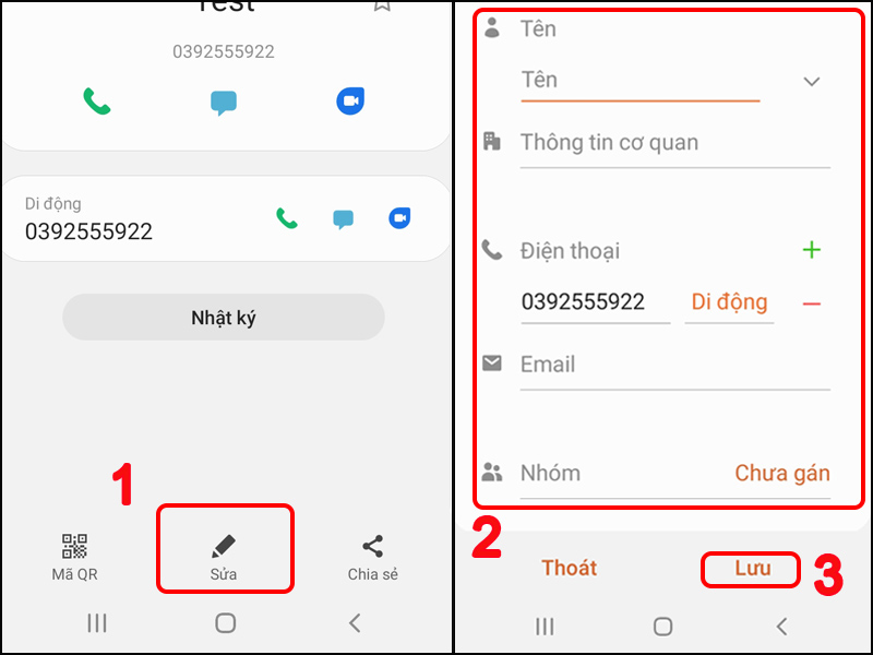 Sửa thông tin Danh bạ lưu trên điện thoại