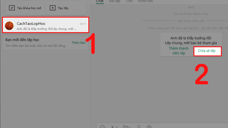 Chọn lớp học muốn chia sẻ v&agrave; nhấn Chia sẻ lớp
