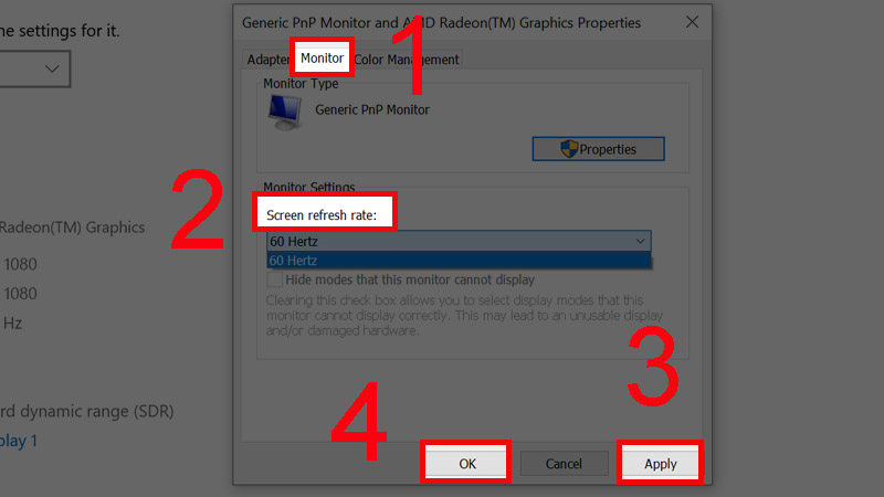 Chọn Display adapter properties for Display 1