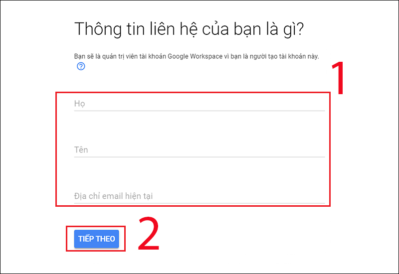 Nhập thông tin liên hệ người quản trị