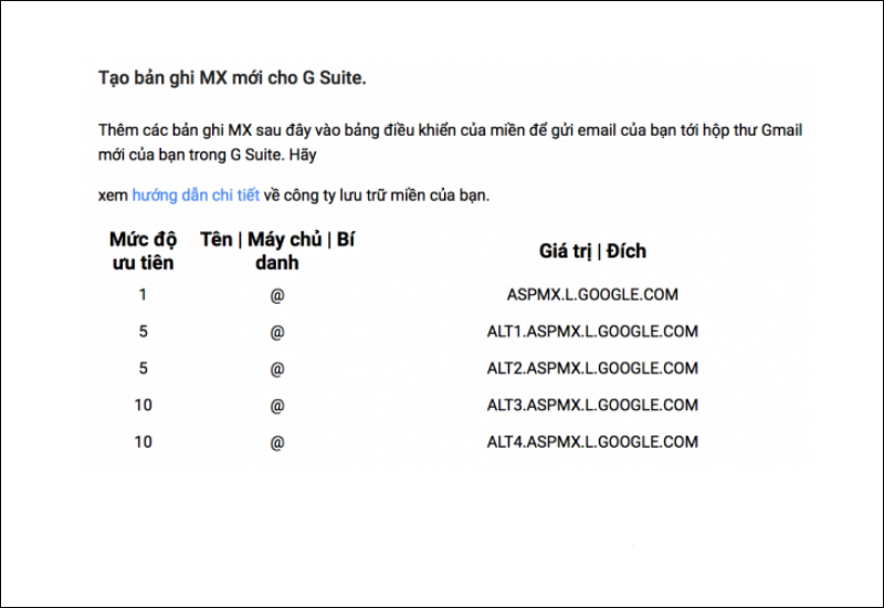 Tạo bản ghi MX mới cho G Suite