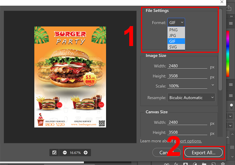 Ở mục Format, xổ xuống chọn GIF hoặc SVG