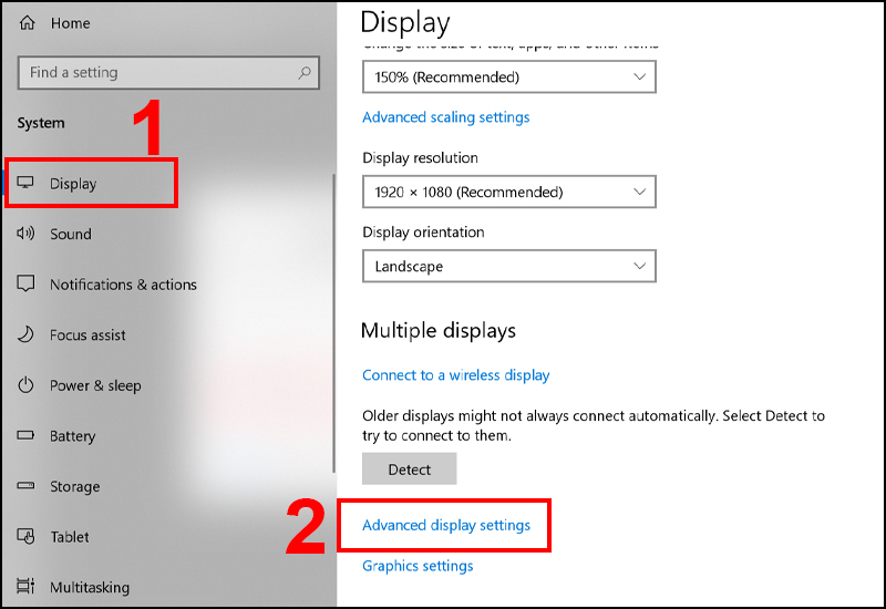 Tại mục Multiple displays, nhấn chọn Advanced display settings