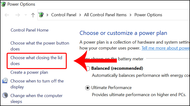 Click vào tab Choose what closing the lid does