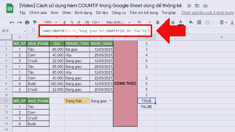 Hàm COUNTIF kết hợp với hàm AND