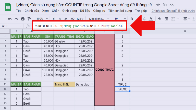 Hàm COUNTIF kết hợp với hàm OR