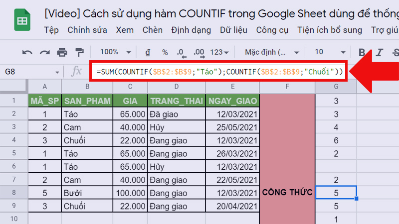 Hàm COUNTIF kết hợp với hàm SUM