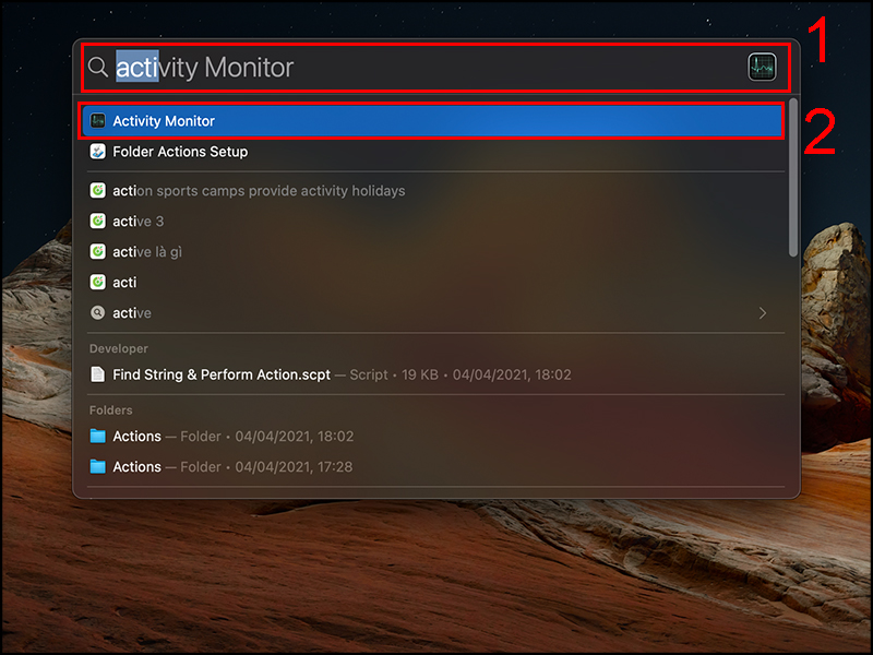 T&igrave;m kiến Activity Monitor tr&ecirc;n Spotlight Search