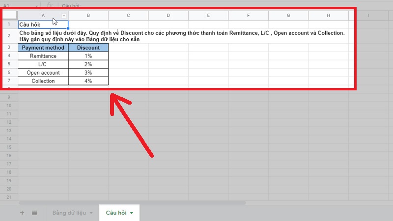 Bảng dữ liệu quy định Discount v&agrave; y&ecirc;u cầu c&acirc;u hỏi
