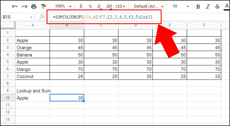 Hàm SUM kết hợp Vlookup tính tổng các giá trị dò tìm trong bảng dữ liệu.