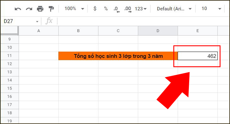 Kết quả hiện ra là tổng số học sinh 3 lớp trong 3 năm